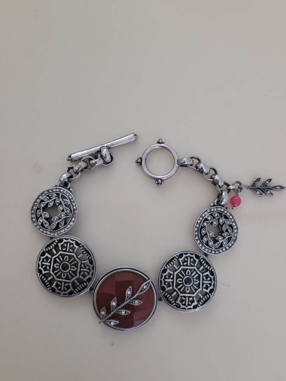 Lucky Brand Silver-Tone Bracelet with Red Center and Pink Accent